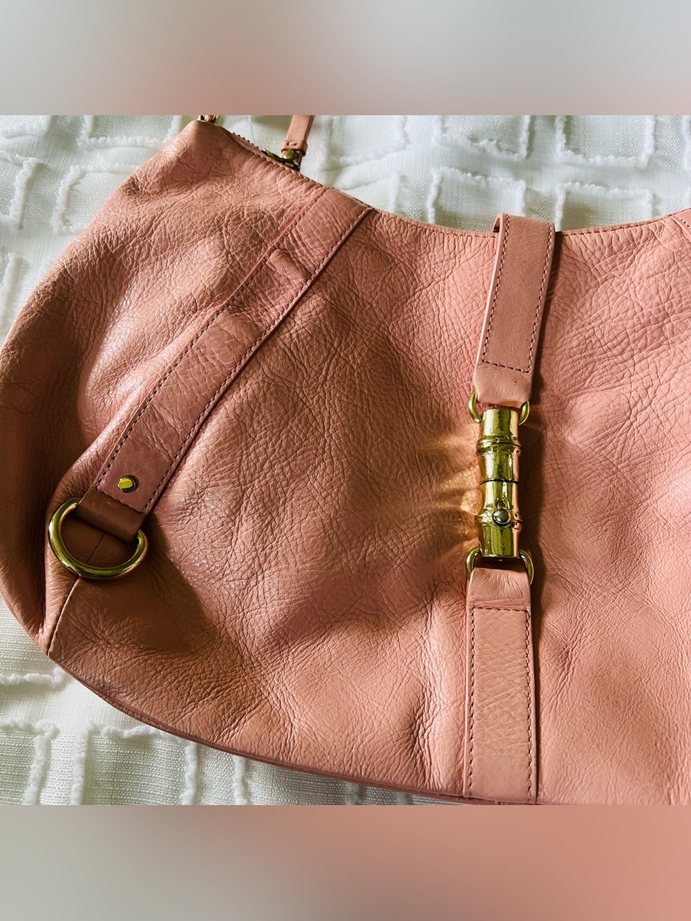 Banana Republic Vintage Salmon Pink Leather Y2K 2000 Bamboo Handle Shoulder Bag - Picture 3 of 16